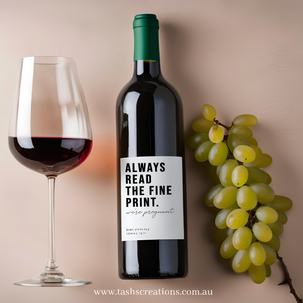 Wine label - Baby Announcement Always read the fine print - personalised